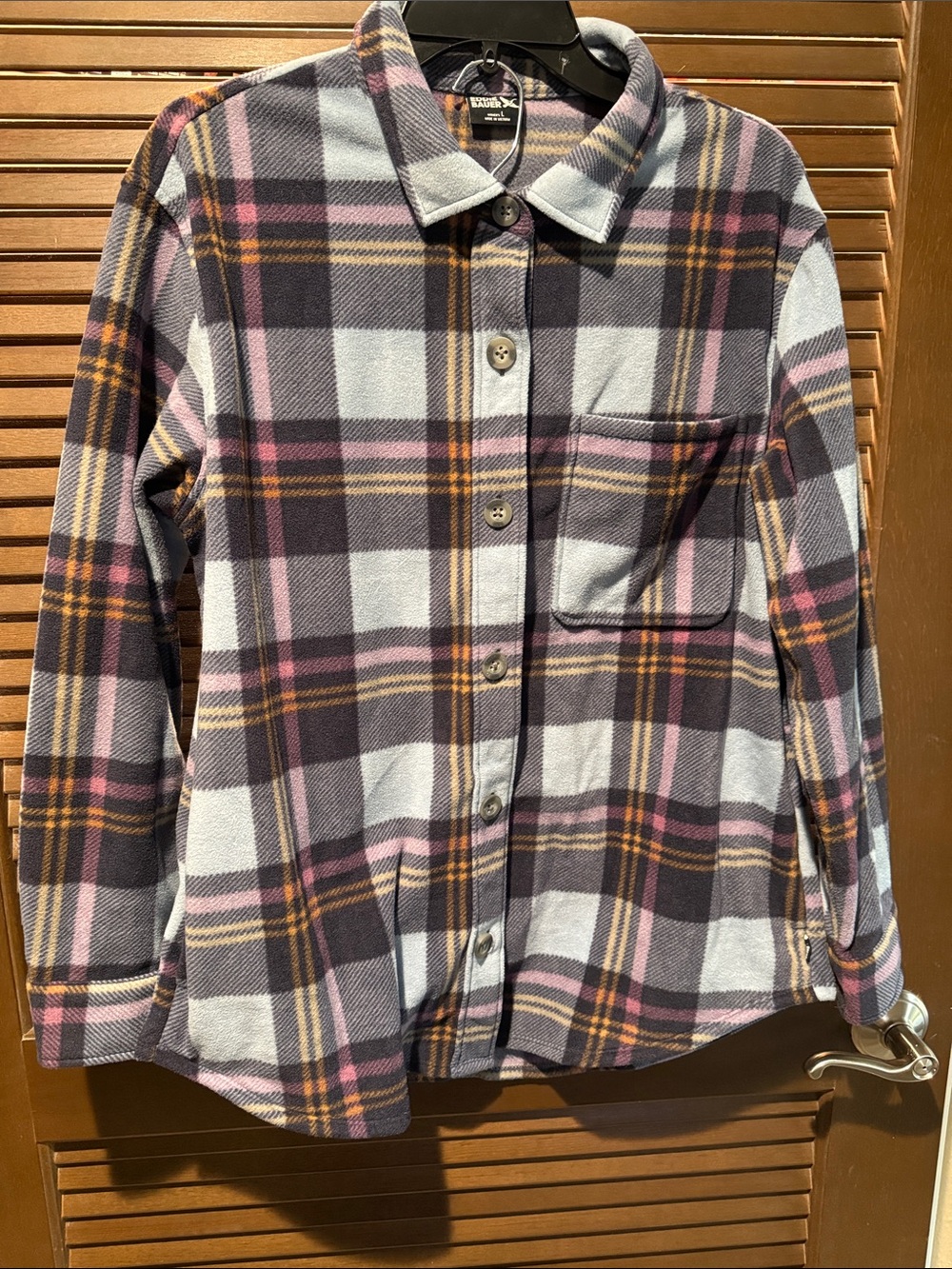 Eddie Bauer Microfleece Blue Gray Plaid Button-Down Shirt Jacket Size L